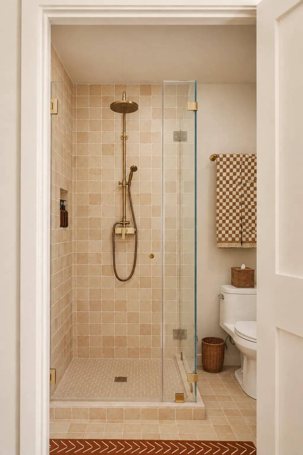 Canopy Room en suite shower with natural tile and warm brass