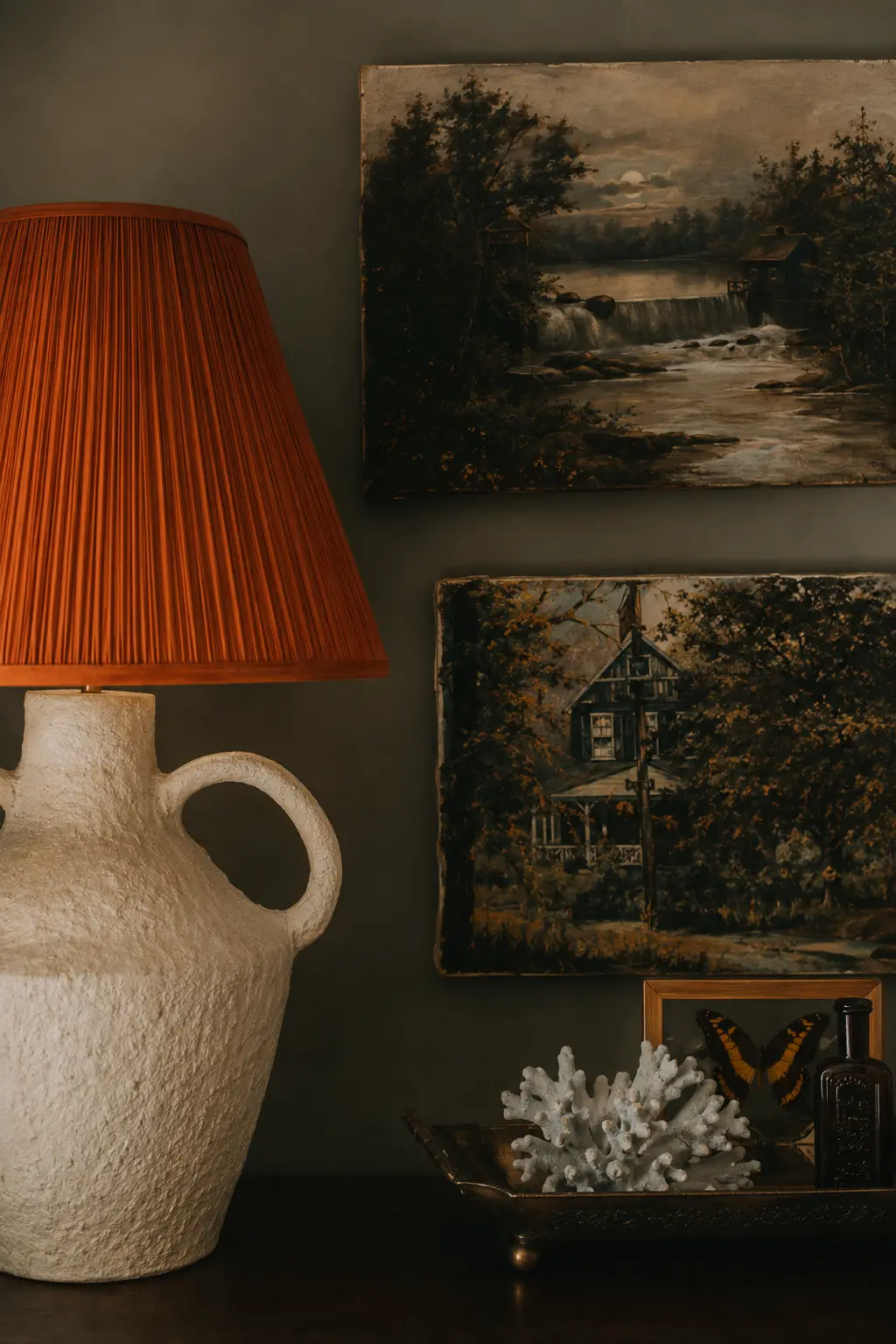 Curated curiosities and red lampshade at Moonlight Mountain House
