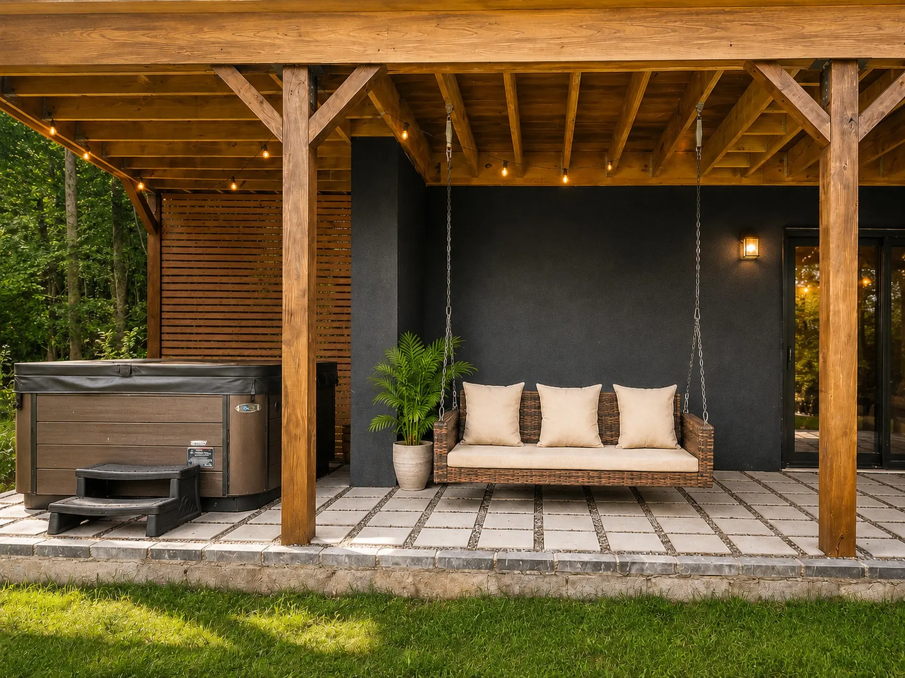 Hot tub lounge beneath the deck at Moonlight Mountain House