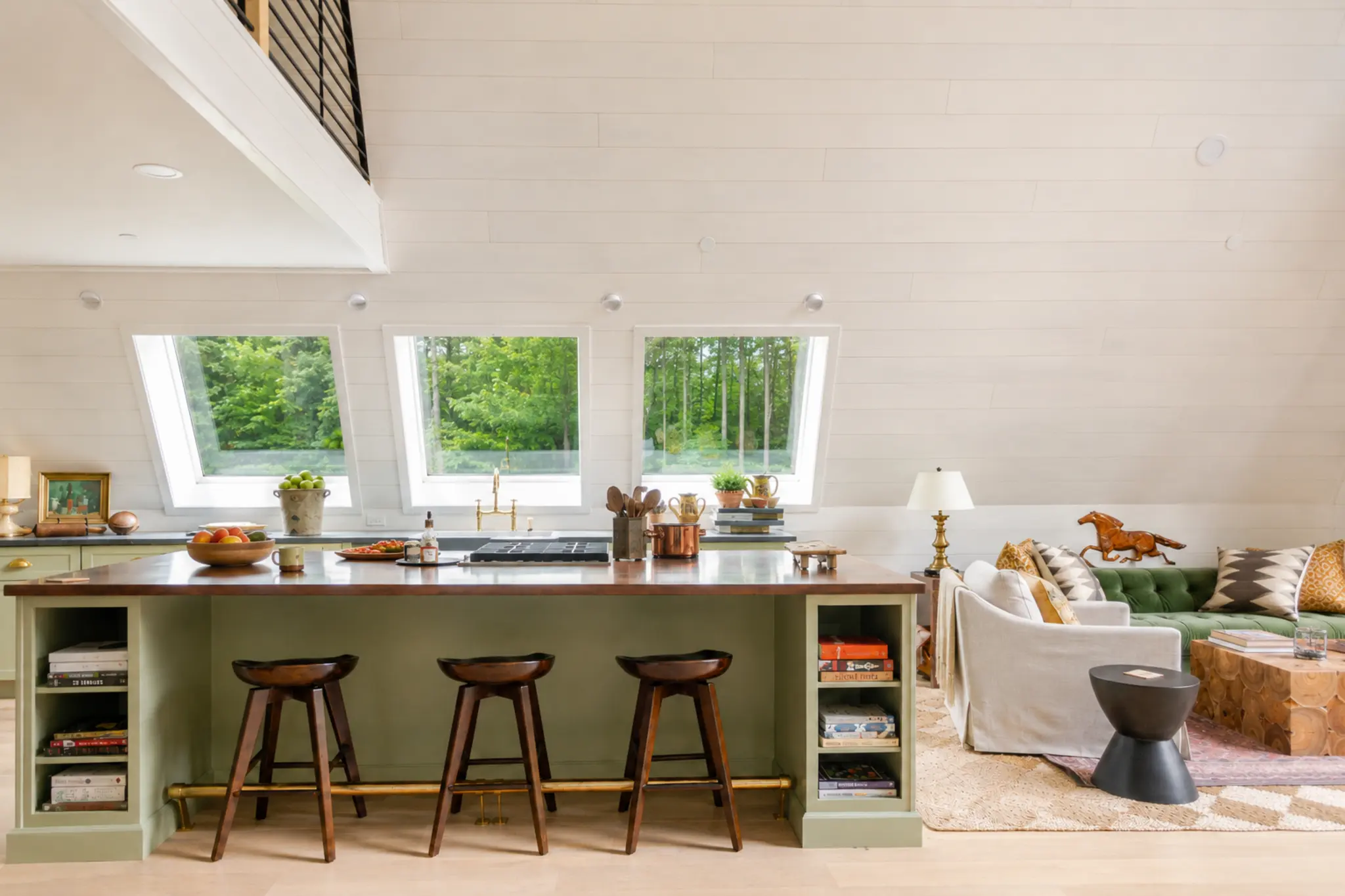 Chef-curated kitchen with a green island at Moonlight Mountain House