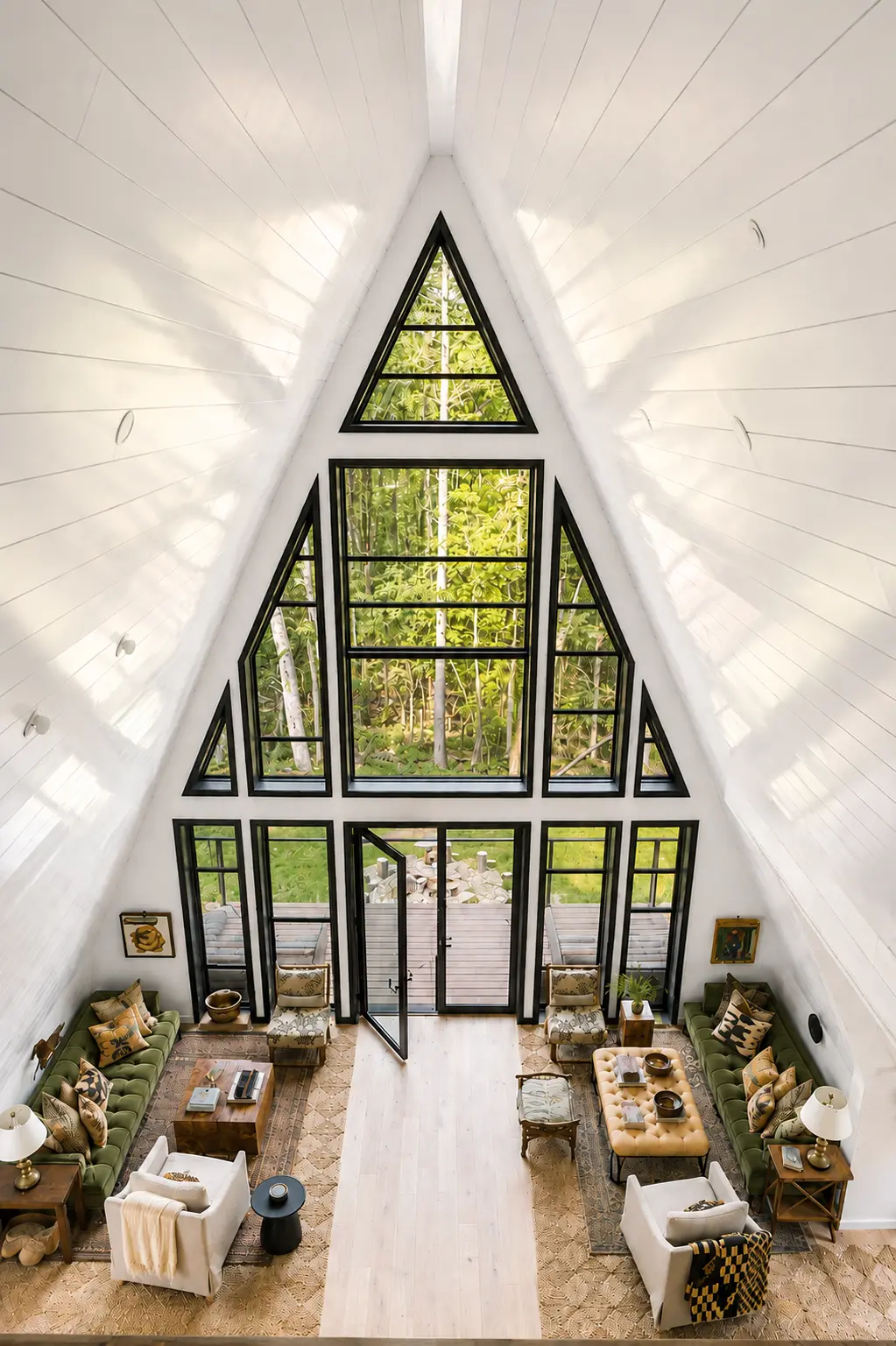 Overhead view of the soaring A-frame living room at Moonlight Mountain House
