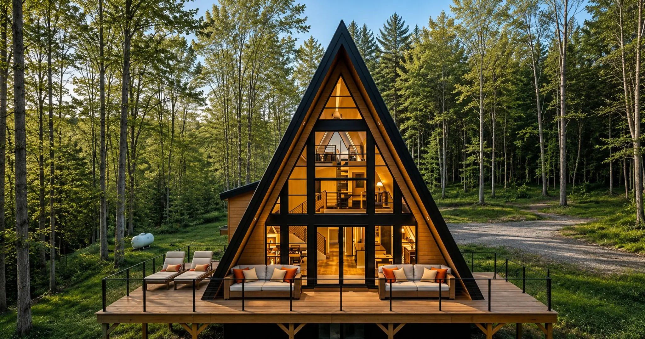 Moonlight Mountain House illuminated at night in the Catskills